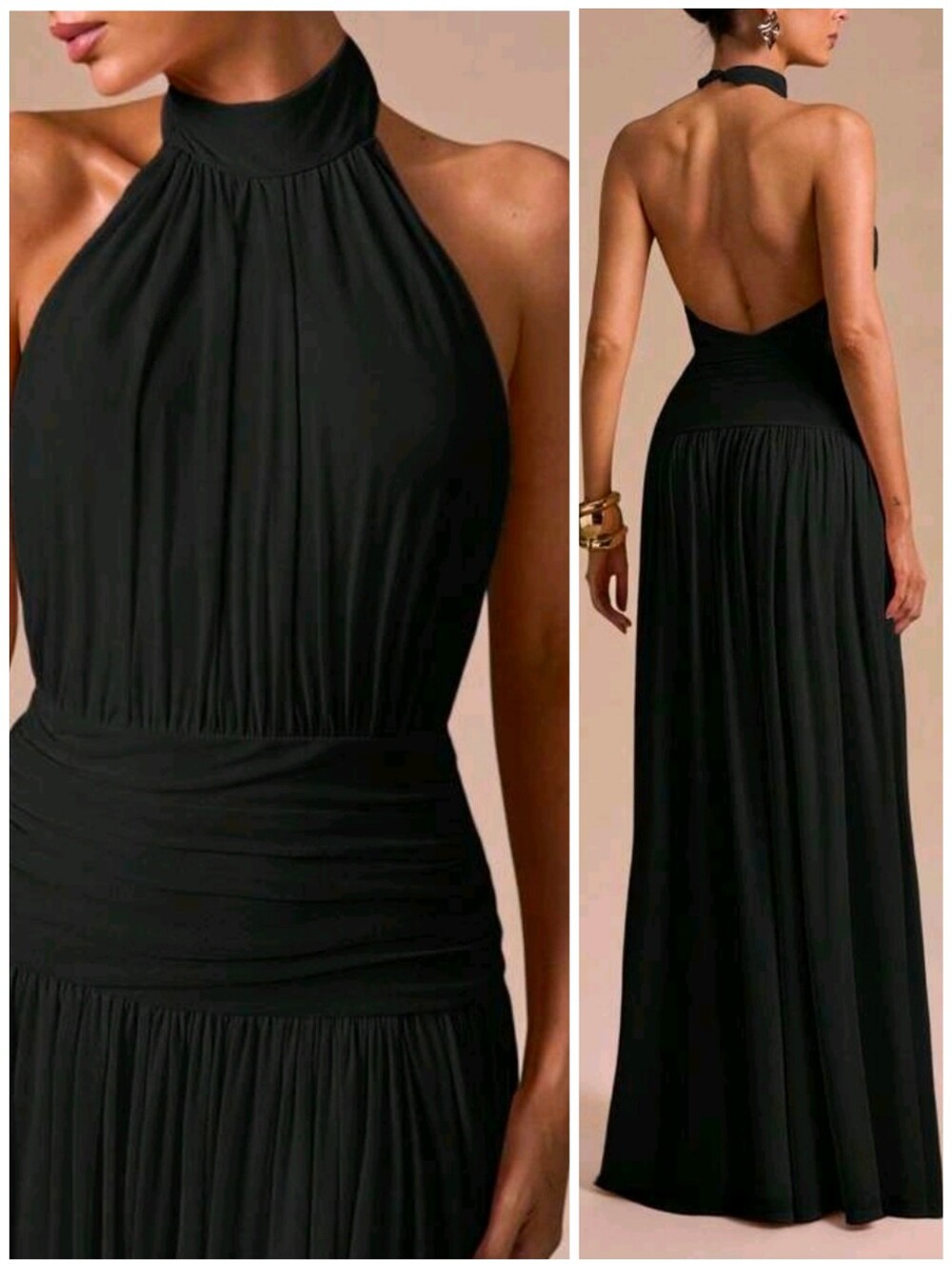 New Luxe Flowy Ruched Wide Waist Halter Maxi Dress Split Leg Black